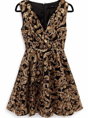 Black and Gold V-Neck Sequin Party Dress
